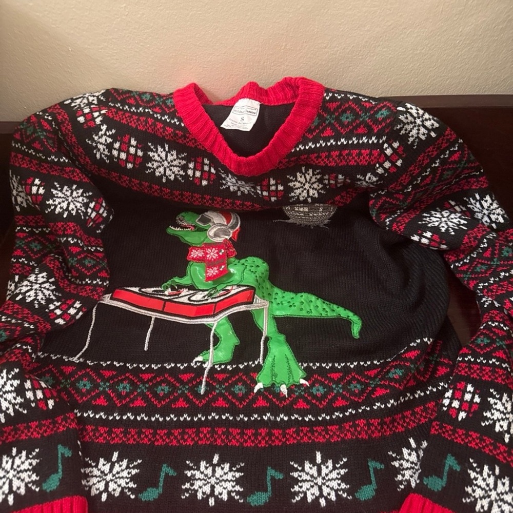 Ugly Christmas Sweater Black and Red V-Neck with Green Dinosaur